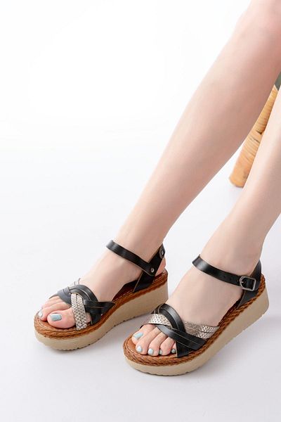 Aymood 730-037 Black Mirror Genuine Leather Orthopedic Sole Women's Sandals