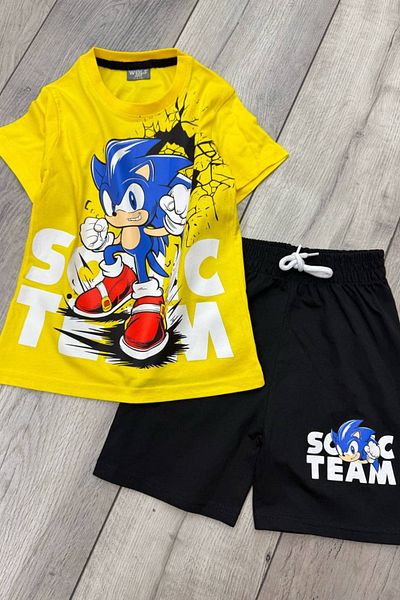Sonic Printed Yellow T-Shirt and Black Shorts Summer Children's Set