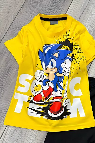 Sonic Printed Yellow T-Shirt and Black Shorts Summer Children's Set