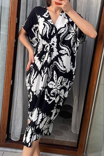 AYASOFYA OTANTIK Rochie Midi Pareo cu mânecă scurtă cu model bej V negru pentru femei