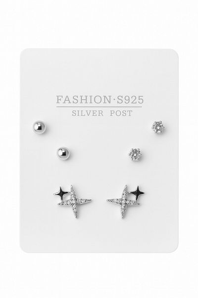 MakeWell Gold and Silver Plated 3-Piece Earring Set with North Star Design with Tarnish-Free 925S Silver Needles