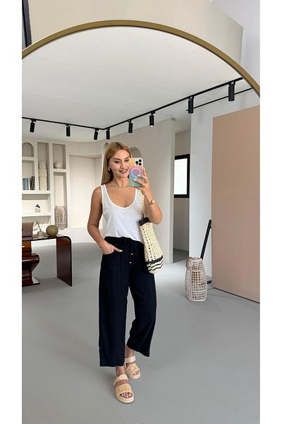 Sezgi Tekin Black Elastic Waist Linen Bohemian Trousers