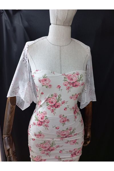 es moda shop Ariane Print Chiffon Short Sleeve Shawl Off White-Pink