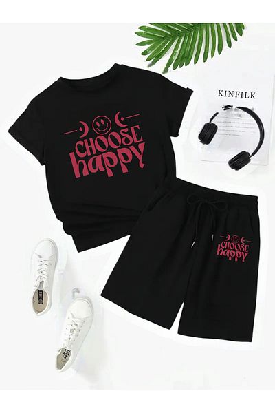 Frisson تي شيرت / شورت مريح برقبة دائرية من القطن باللون الأسود للجنسين مطبوع عليه "Happy"