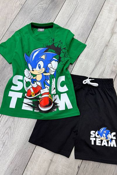 Sonic Printed Green T-Shirt and Black Shorts Summer Kids Set