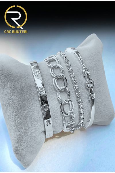 Crc Bijuteri Women's Silver Color 4-Piece Combination Bracelet Set - Stone, Chain and Handcuff Models