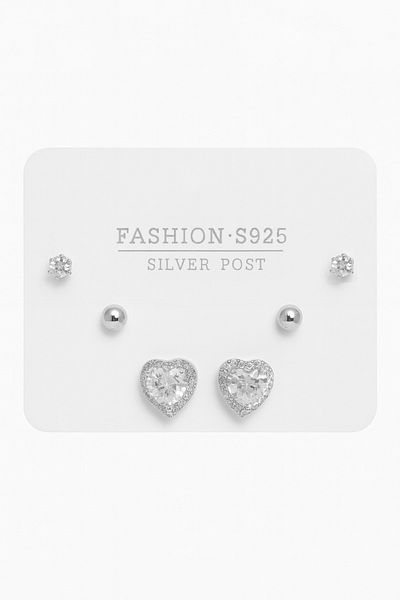 MakeWell 3-Piece Earring Set with Non-Tarnish 925S Silver Needle Heart Design Gold and Silver Plated Solitaire Earrings
