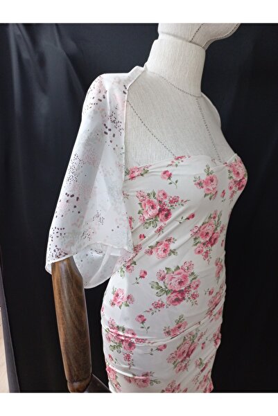 es moda shop Ariane Print Chiffon Short Sleeve Shawl Off White-Pink