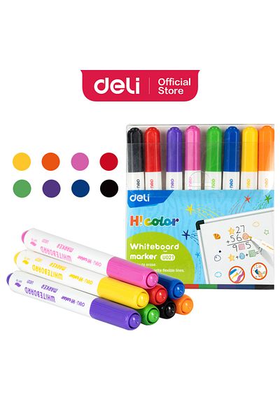 Deli EU021 HiColor Whiteboard Marker Soft Tip ASST. 8pcs/box – ideal for school & home