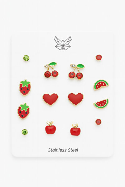 MakeWell Çelik İğneli Kalp Kiraz Çilek Elma Karpuz Tasarımlı Zirkon Taşlı 7'li Küpe Seti