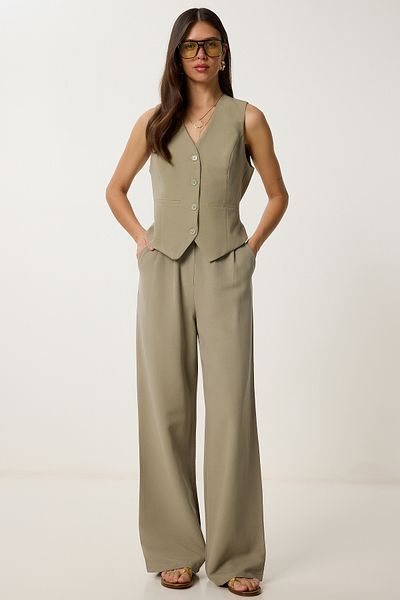 Lovelyİstanbul Linen Vest Pants Suit Khaki Lrv0106