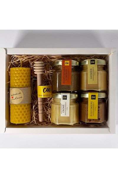 CARUL CU MIERE Natura 2 gift package, bee honey, handmade candle, honey spoon, white