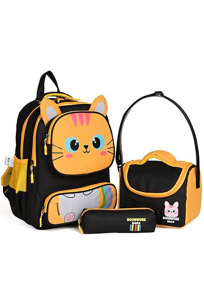 Wander Set de 3 genți de școală – rucsac, cutie de prânz și suport pentru stilou - negru-galben
