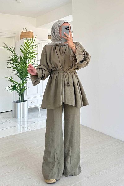 Ka Hijab Waist Tie Comfortable Cut Suit - Khaki