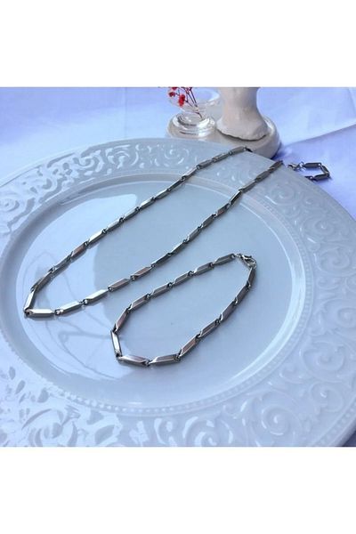 Birmem Unisex Stainless Steel Non-Tarnish Silver Color Geometric Link Necklace and Bracelet Set