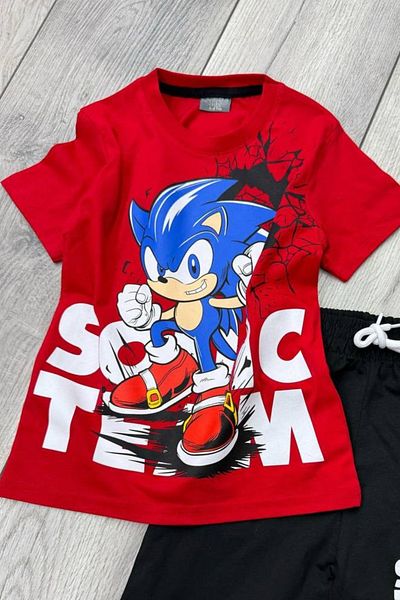 Sonic Printed Red T-Shirt and Black Shorts Summer Kids Set