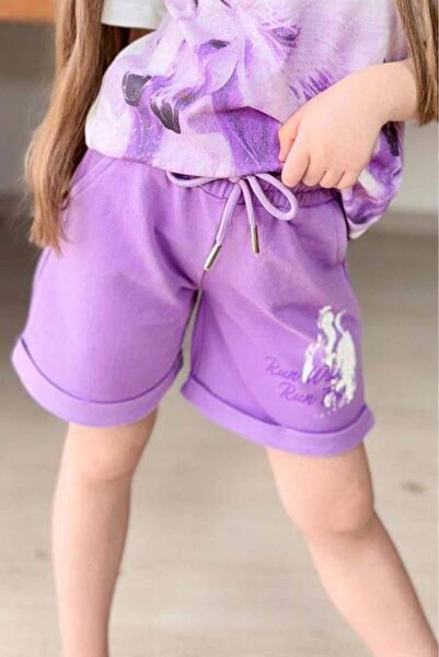 Riccotarz Girl's Digital Horse and Text Printed Lilac Shorts Set