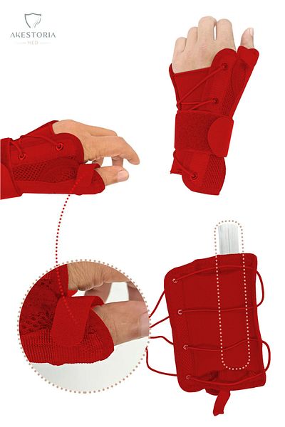 Akestoria Med Mesh Thumb Supported Hand Wrist Splint Airtex Supportive Wristband Red Left
