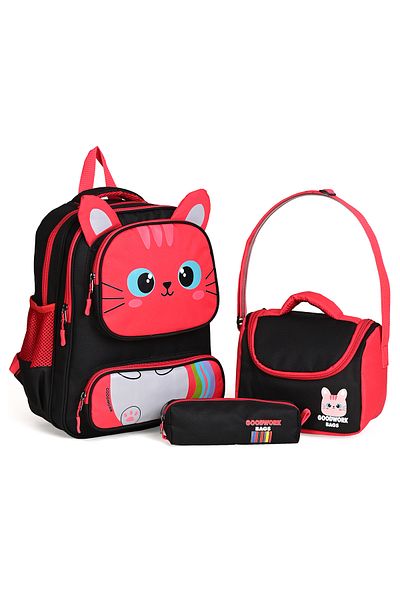 Wander Set de 3 genți de școală – rucsac, cutie de prânz și suport pentru stilou - negru-roșu