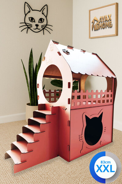 teknomooji XXL Kedi Evi – Pembe, Merdivenli, İki Katlı MDF, 83×81×40 cm