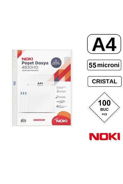 Noki Set of 100 A4 protective films with top opening, 55 microns, Noki White Edge, crystal, ext capacity