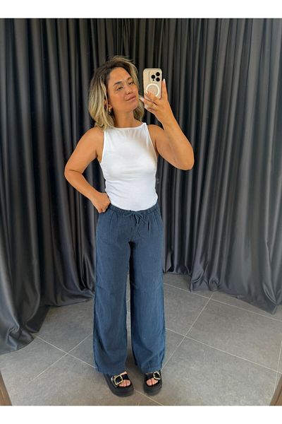 BÜŞRA PERKER Navy Blue 100% Linen Trousers