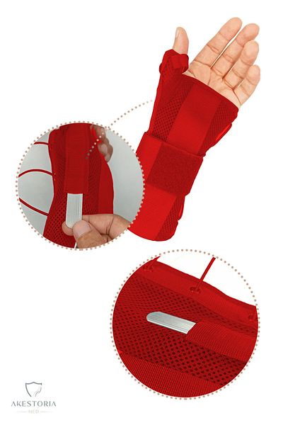 Akestoria Med Mesh Thumb Supported Hand Wrist Splint Airtex Supportive Wristband Red Left