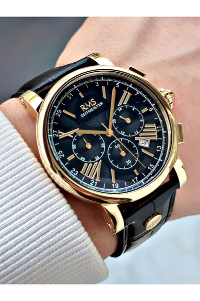 Romanson Function Leather Cord Black-Gold Color Sapphire Glass Steel Case Men Wristwatch 1134.05Mr