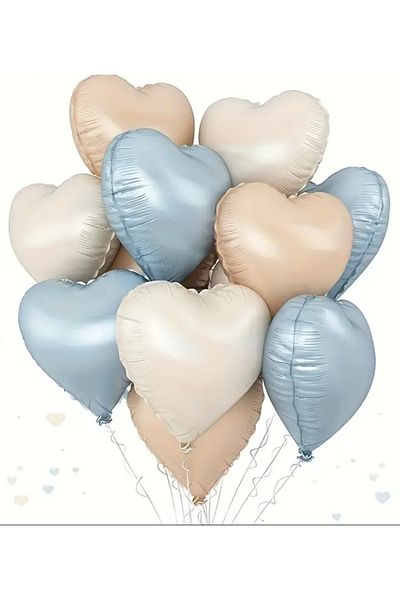 Çemrek Süs Parti Baby Blue Beige Cream Heart Foil Balloon 18 Inch 10 Pieces