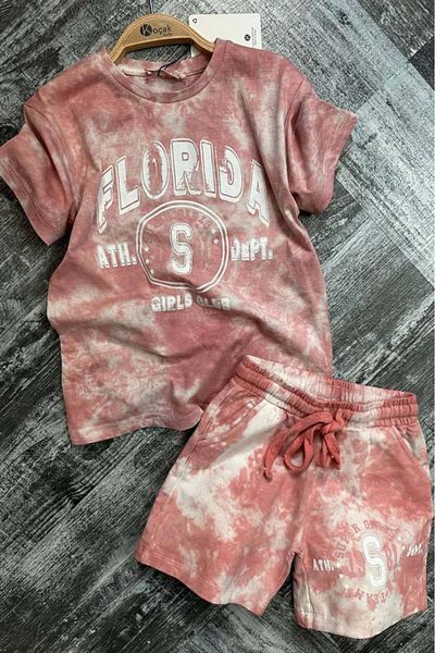Riccotarz Set tricou din bumbac pieptănat cu imprimeu text Florida pentru fete cu pantaloni scurți pudra
