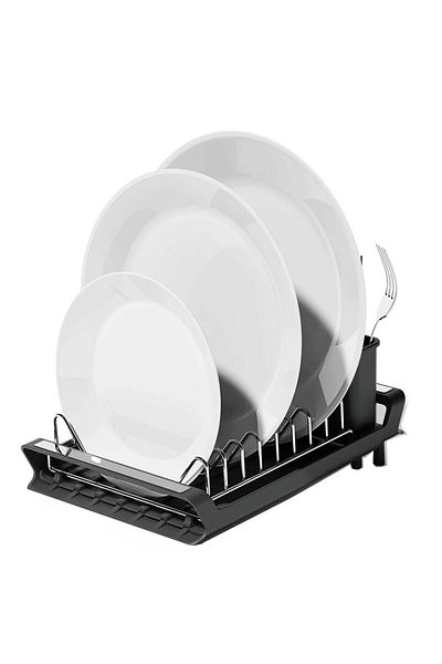PUFO Suport extensibil pentru vase - Organizator modern pentru farfurii, tacâmuri și pahare în bucătărie, negru