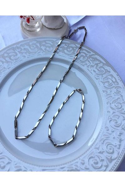 Birmem Unisex Stainless Steel Non-Tarnish Silver Color Geometric Link Necklace and Bracelet Set