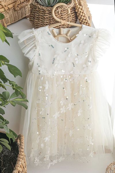 chipiques Silver Sequined 3D Floral Tulle Kids Dress