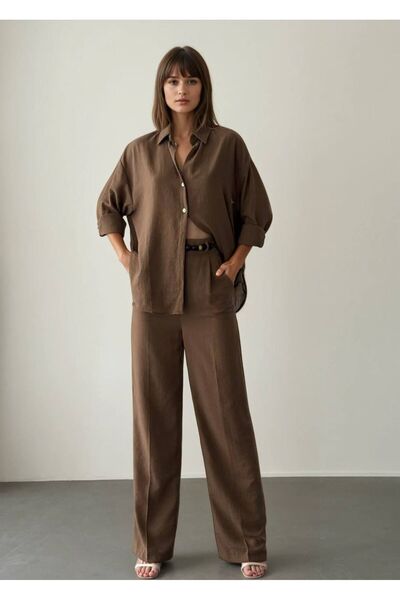 Bisou Kadın kahve Gömlek Yaka Dügmeli Alt-Üst keten Takim