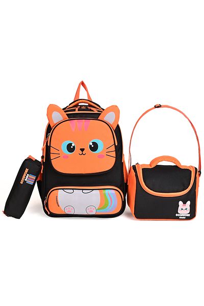 Wander Set de 3 genți de școală – rucsac, cutie de prânz și suport pentru stilou - negru-portocaliu