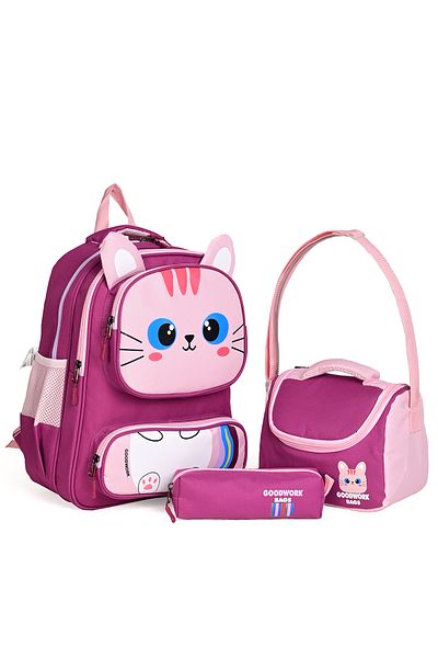 Wander Set de 3 genți de școală – rucsac, cutie de prânz și suport pentru stilou - fucsia