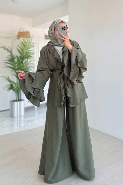 Ka Hijab Ruffle Detailed Flywheel Sleeve Suit - Khaki
