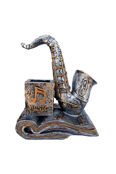 BV Statuetă, în formă de saxofon cu note muzicale și suport pentru stilou, 18 cm, 1562G
