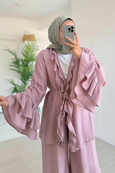 Ka Hijab Fırfır Detaylı Volan Kollu Takım - Pembe
