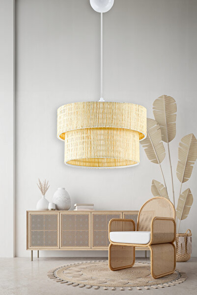 EvLight Bambu Hasır Modern Doğal Hazeran Rattan 2 Katlı Sarkıt Avize