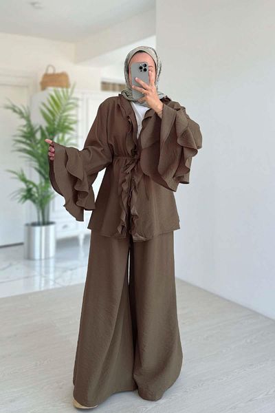 Ka Hijab Ruffle Detailed Flywheel Sleeve Suit - Brown