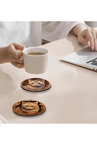 kutuTR 🐾   Wood Carved Look Cat Patterned 6-Piece Mdf Coaster Set Brd-023