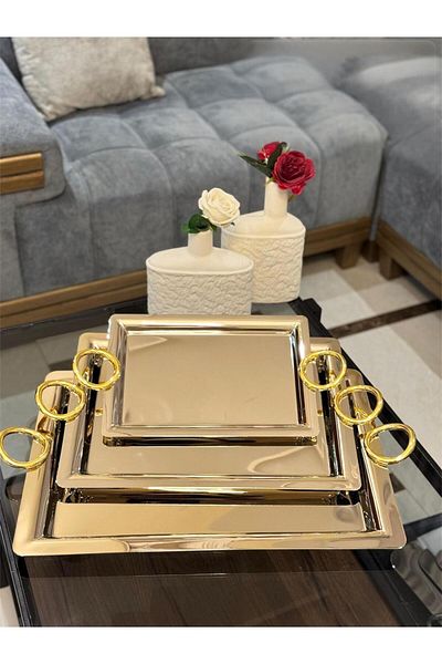 aljahwari 3-piece serving tray set, two-tone nickel