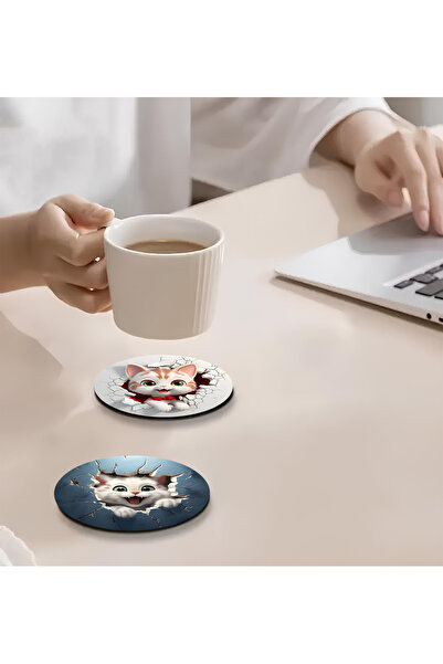 kutuTR 🐾   Cute Cat Themed 6-Piece Mdf Tea-Coffee Coaster Set 🐾   Brd-021