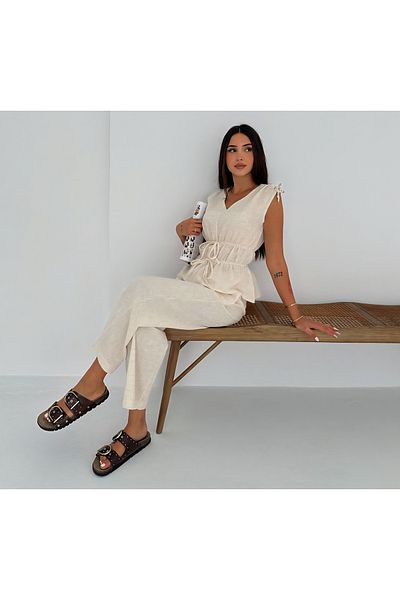 Noa Noa Lace-Up Blouse Trousers Linen Suit