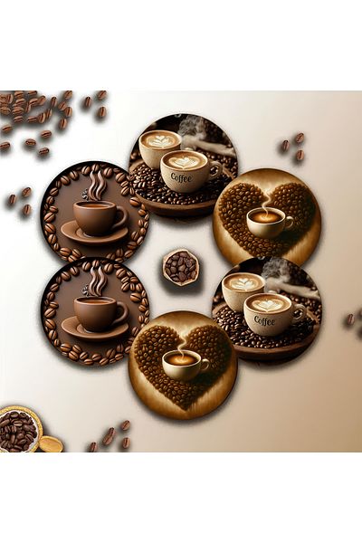 kutuTR 🟤   تصميم خاص لعشاق القهوة - مجموعة من 6 قطع من MDF ☕️   BRD-024