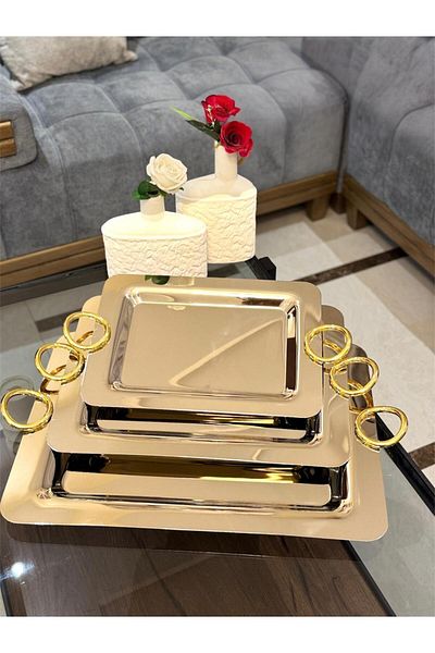 aljahwari 3-piece serving tray set, two-tone nickel