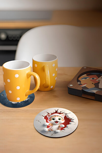 kutuTR 🐾   Cute Cat Themed 6-Piece Mdf Tea-Coffee Coaster Set 🐾   Brd-021