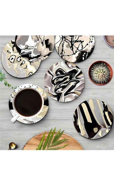 kutuTR 🖤   Abstract Patterned Mdf Six Coasters Set Brd-027