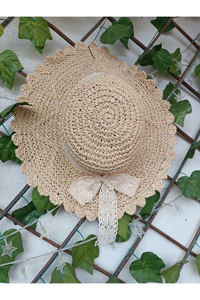 Blotch Stylish and Elegant Mesh Straw Beach Hat with Lace Bow Cream